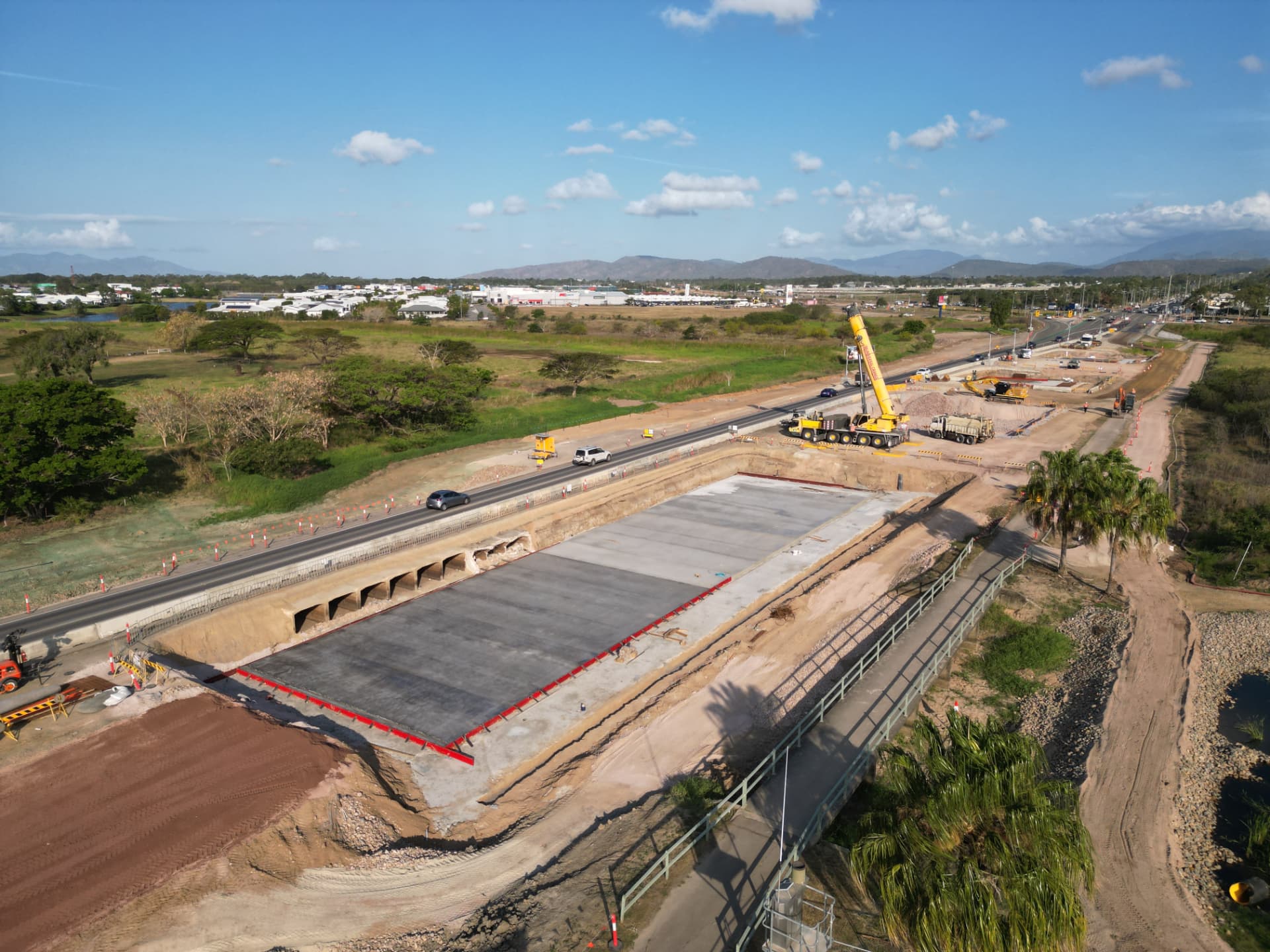Aerial view of a road and culvert construction site in North Queensland