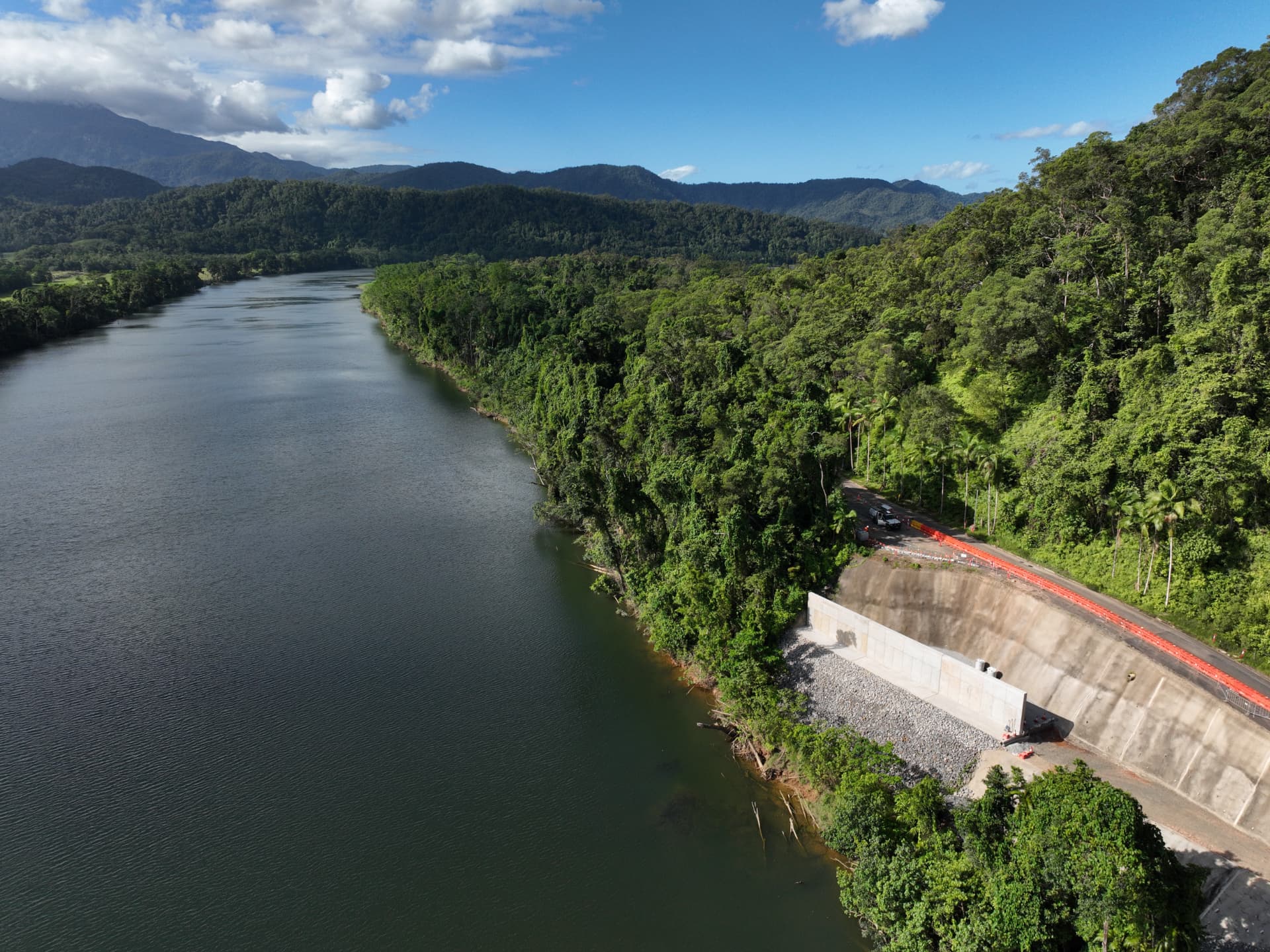 Aerial view of civil works alongside a river corridor in Far North Queensland