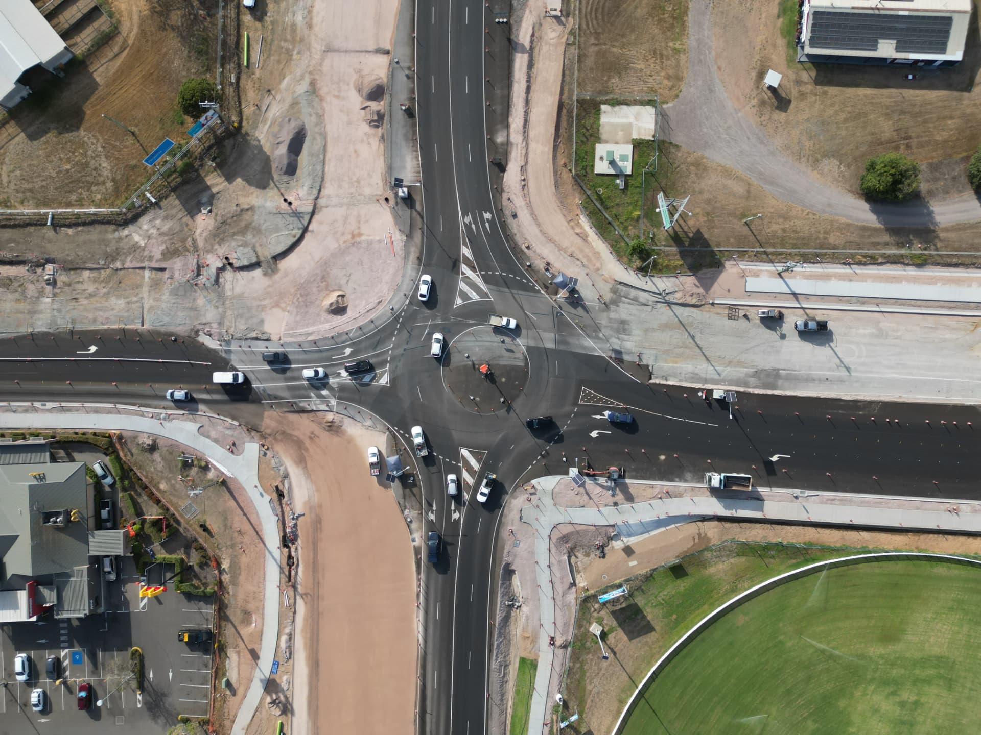 Aerial view of a completed roundabout upgrade and road corridor works in North Queensland