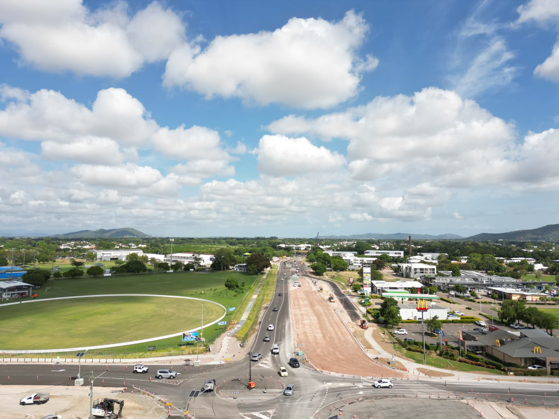 Aerial view of a North Queensland road corridor and roundabout upgrade under construction